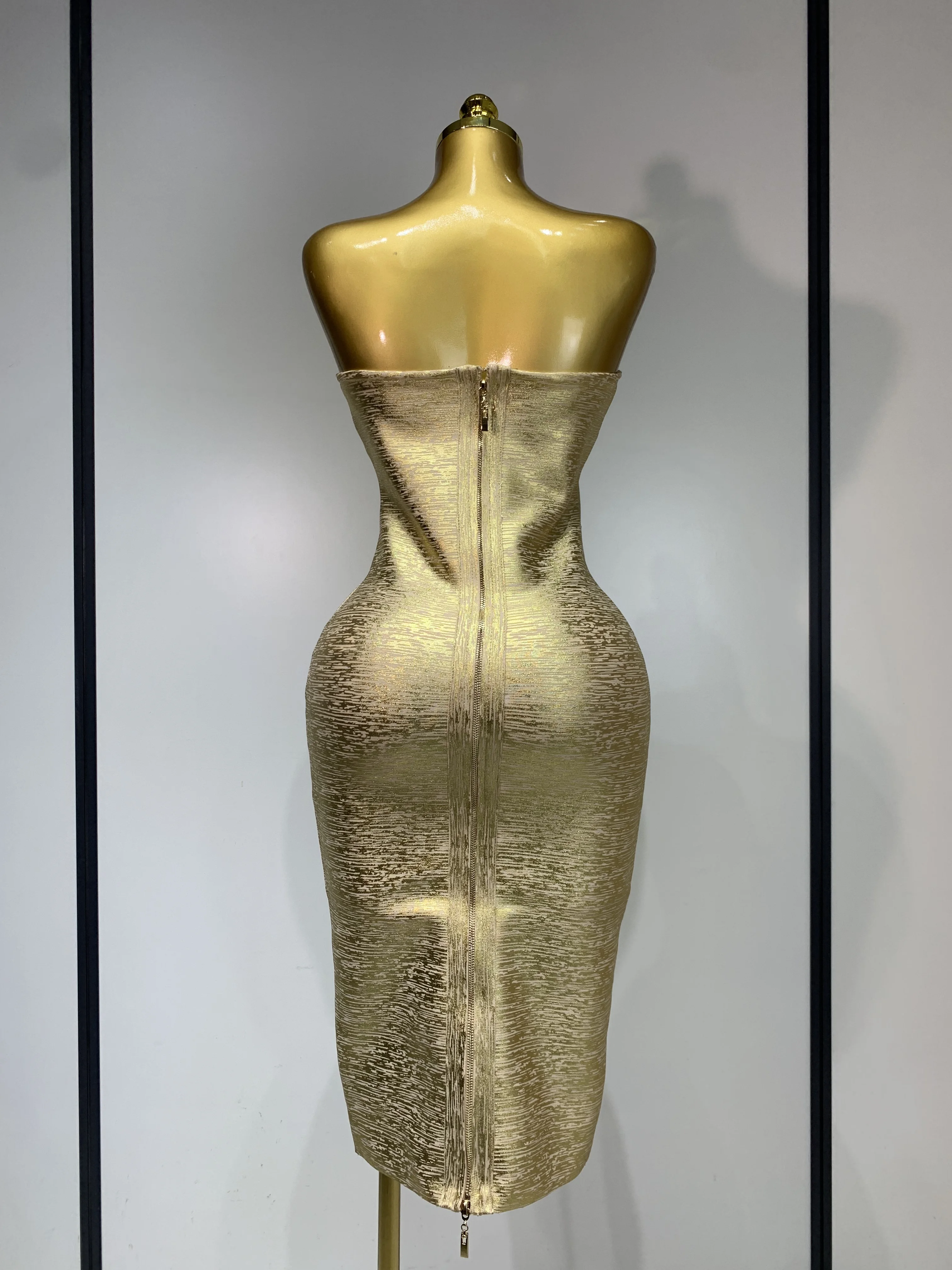 Women Sexy Gold Strapless Bodycon Bandage Dress 2025 Fashion Celebrate Evening Party Luxury Birthday Wedding Guest Dress