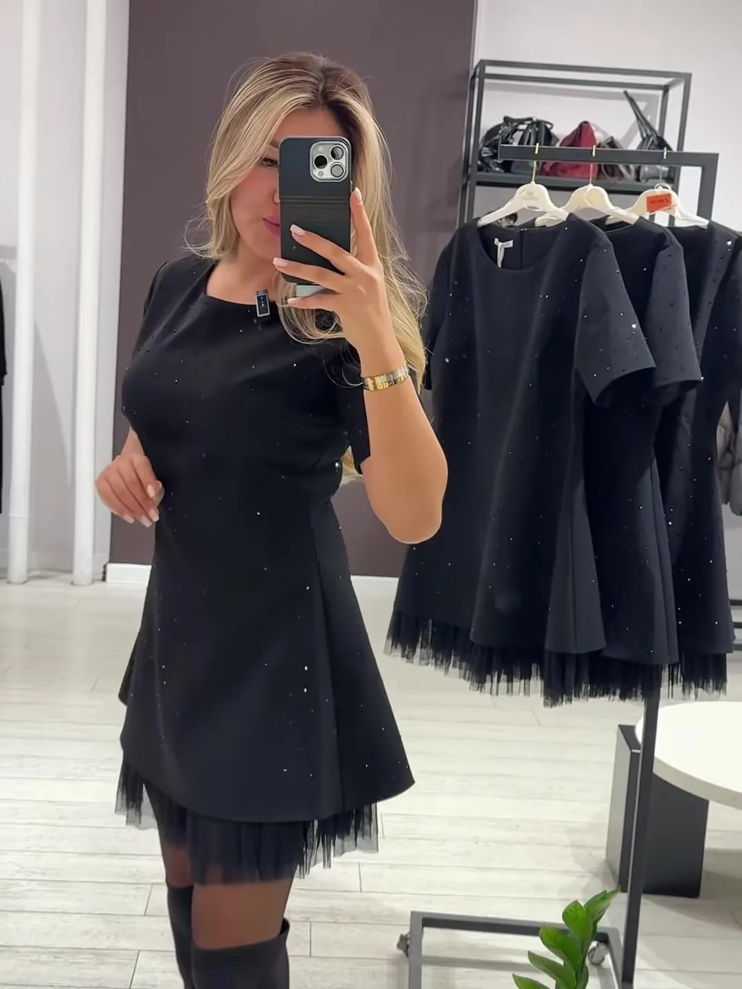Summer Black Casual Dress Women's New Round Neck Short Sleeve Hot Diamond Slim Fit Lace Dress Holiday Party Mini Dresses Robe