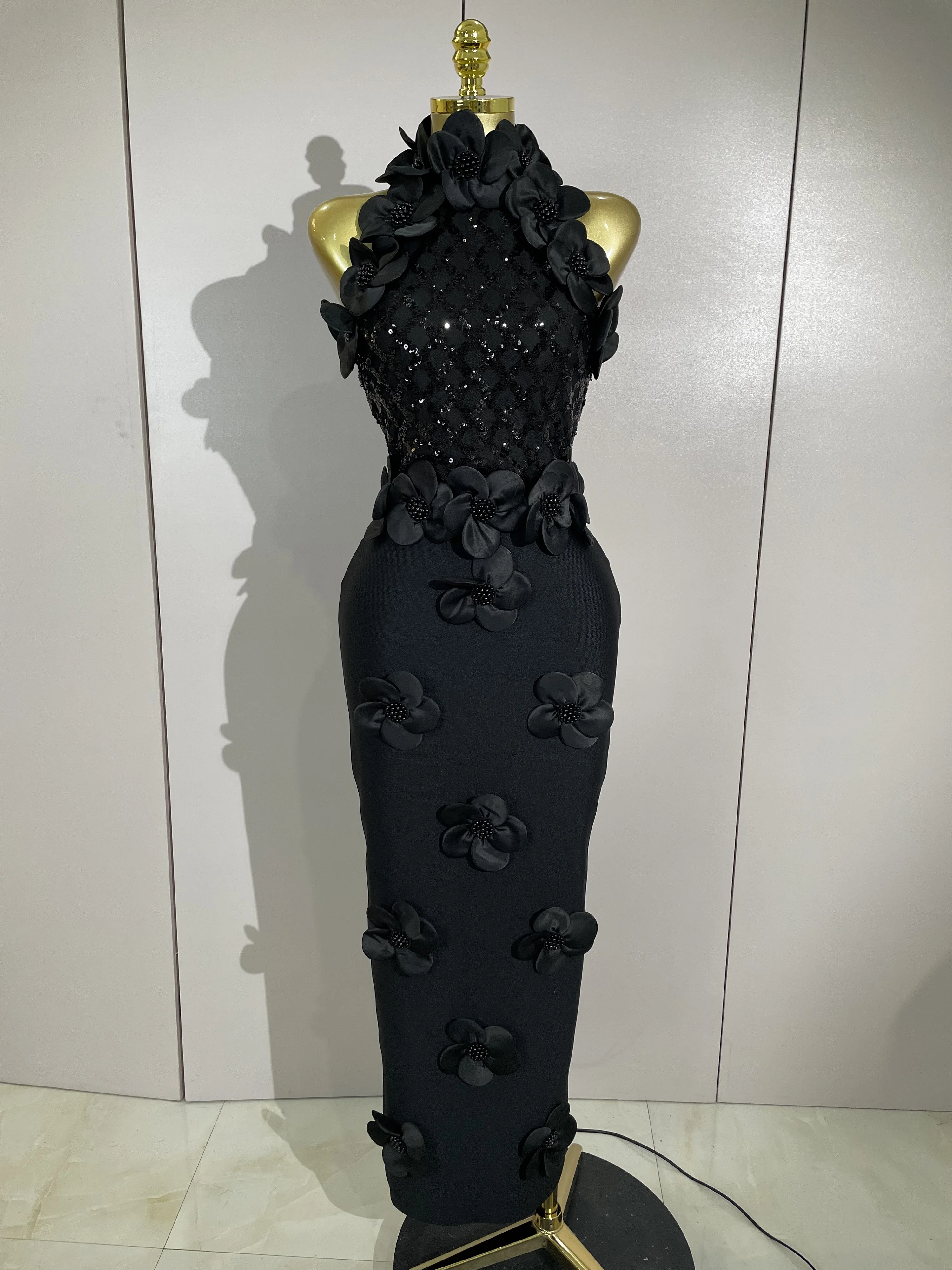 High Quality Birthday Party Dresses Black Red Beaded Flower Mesh Patchwork Long Bandage Dress Celebirty Prom Evening Club Wear