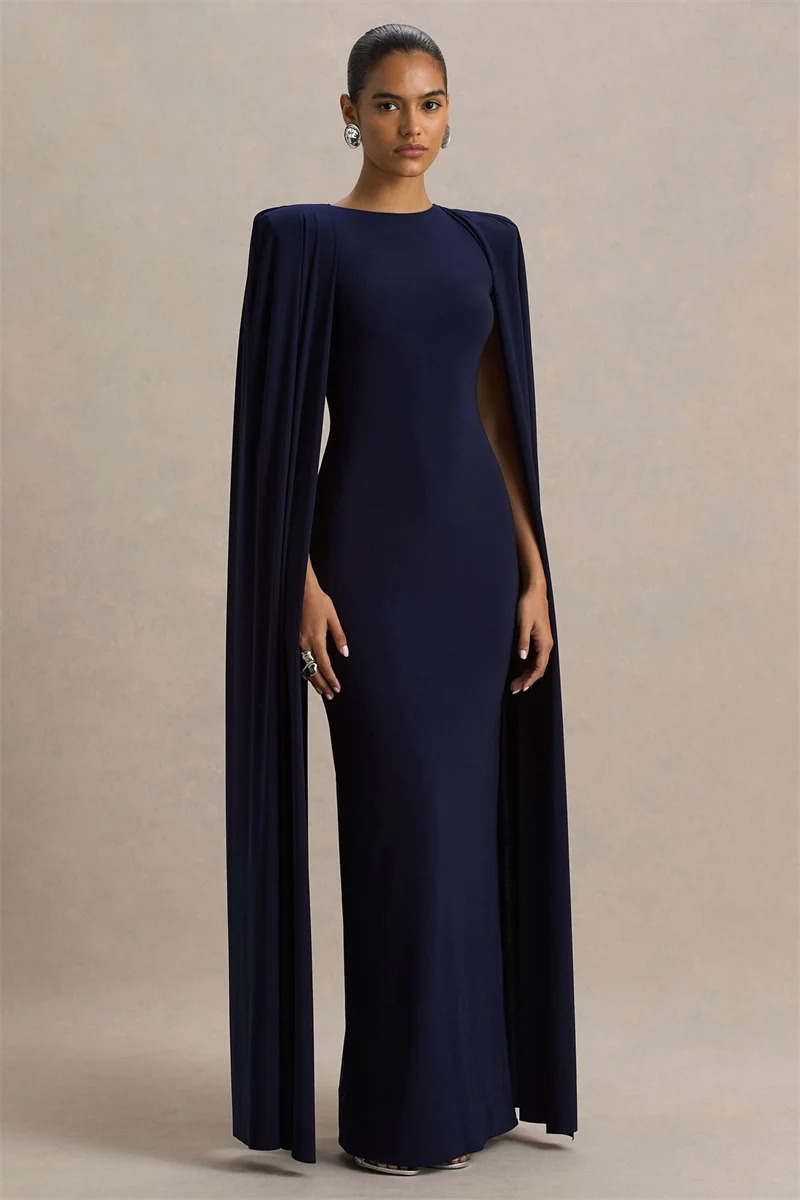 Mozision Cape Sleeve Sexy Maxi Dress Women Gown Elegant Fashion Zipper O Neck High Waist Split Club Party Long Dresses Female