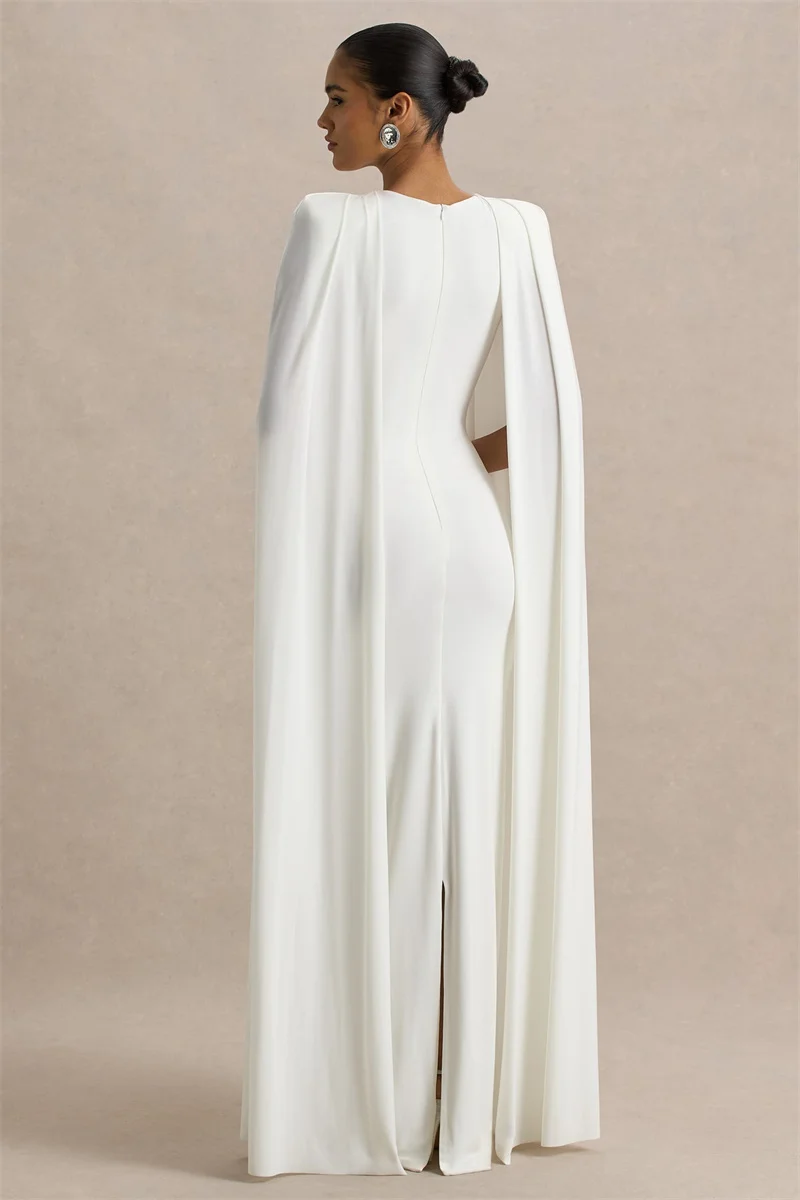 Mozision Cape Sleeve Sexy Maxi Dress Women Gown Elegant Fashion Zipper O Neck High Waist Split Club Party Long Dresses Female