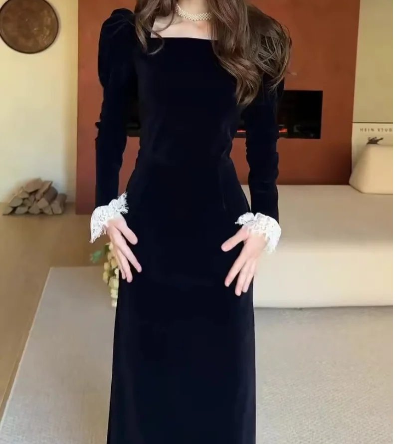 Women Dress 2026 Spring Autumn New Square Collar Long Sleeve Velvet Patchwork Lace Cinched Waist Elegant Temperament Long Dress