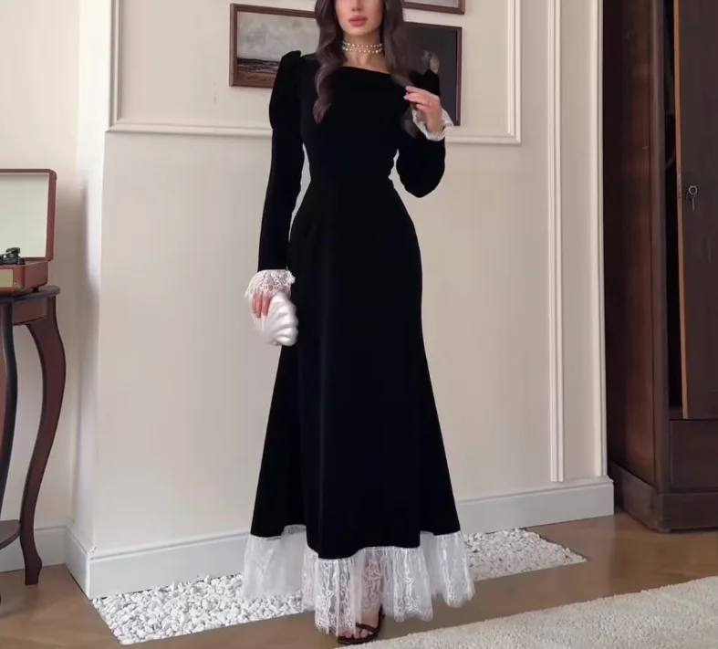 Women Dress 2026 Spring Autumn New Square Collar Long Sleeve Velvet Patchwork Lace Cinched Waist Elegant Temperament Long Dress