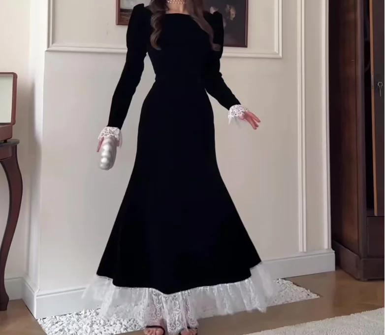Women Dress 2026 Spring Autumn New Square Collar Long Sleeve Velvet Patchwork Lace Cinched Waist Elegant Temperament Long Dress