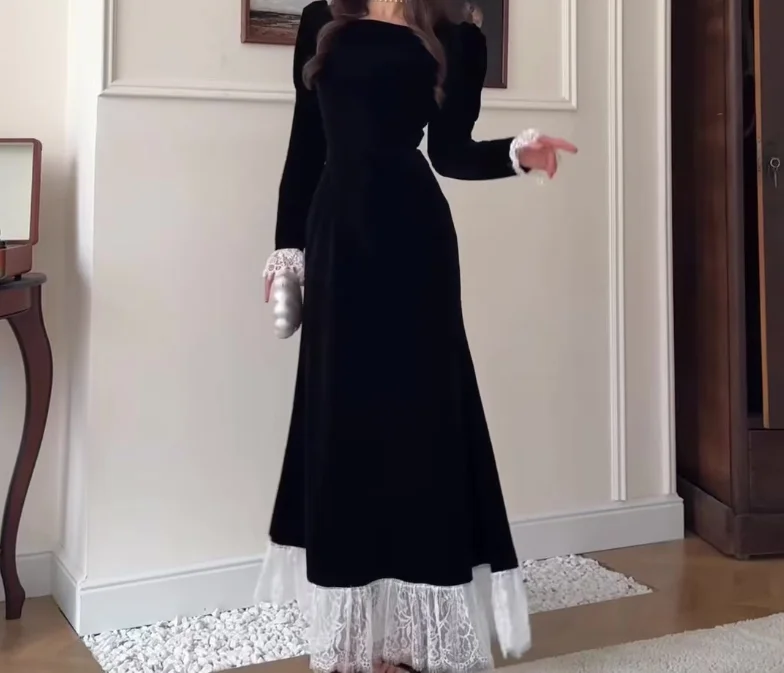 Women Dress 2026 Spring Autumn New Square Collar Long Sleeve Velvet Patchwork Lace Cinched Waist Elegant Temperament Long Dress