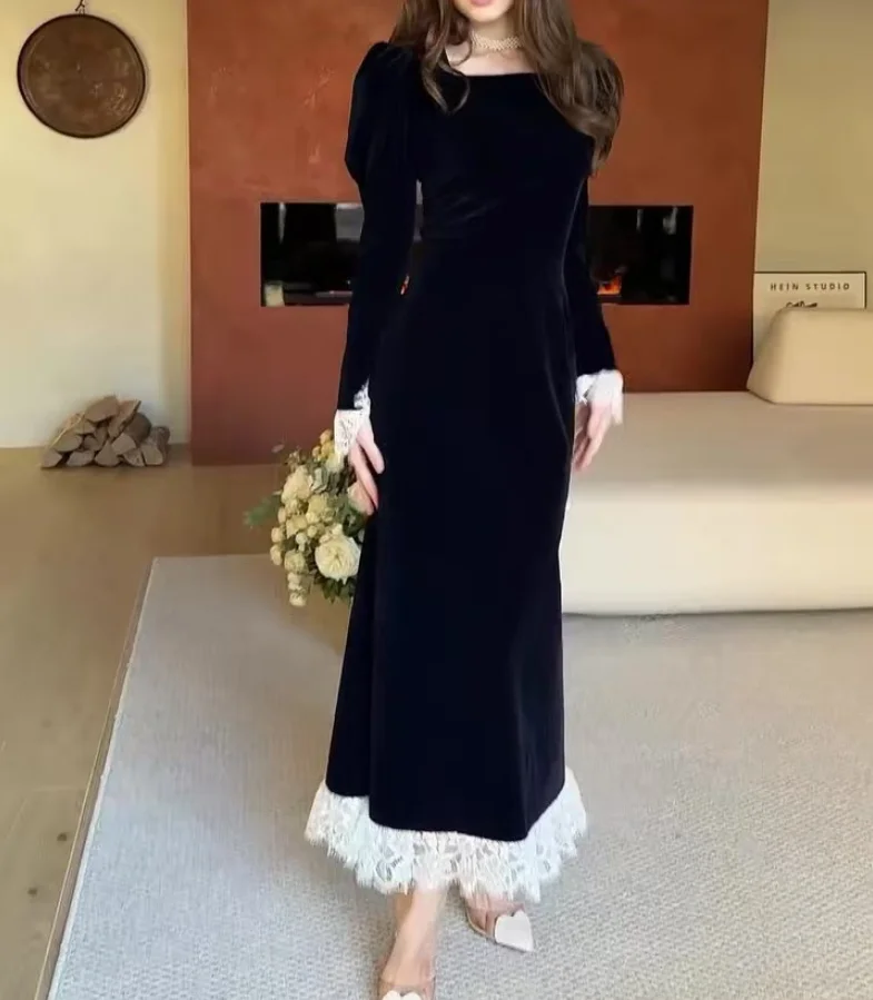 Women Dress 2026 Spring Autumn New Square Collar Long Sleeve Velvet Patchwork Lace Cinched Waist Elegant Temperament Long Dress