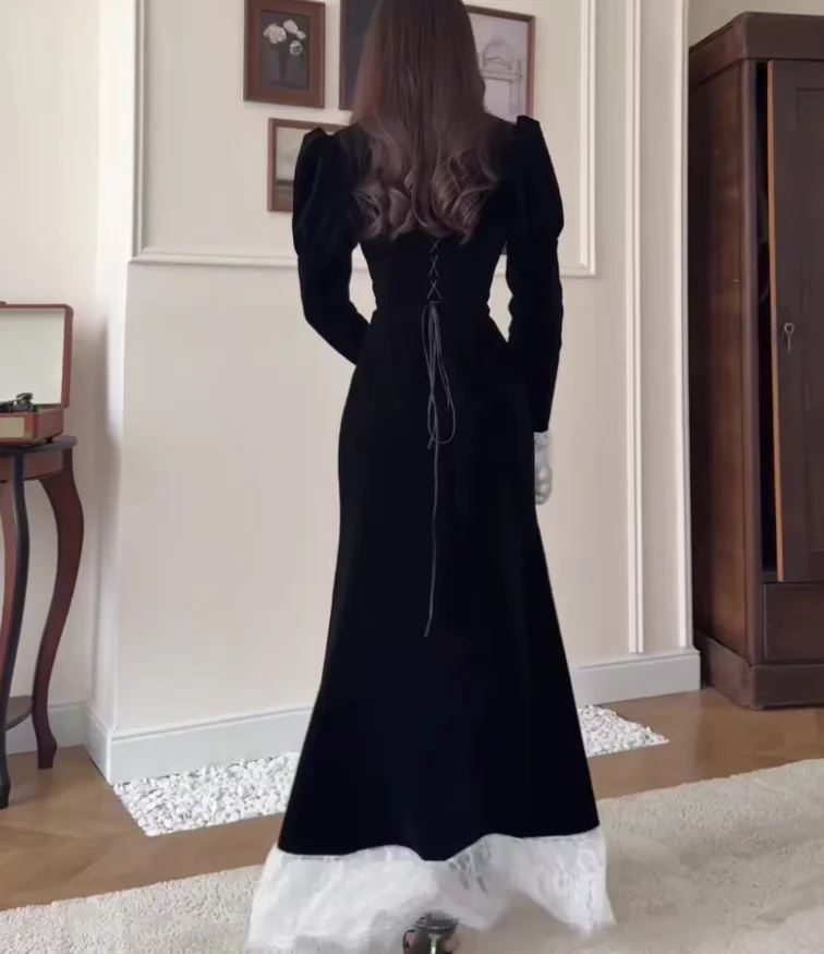 Women Dress 2026 Spring Autumn New Square Collar Long Sleeve Velvet Patchwork Lace Cinched Waist Elegant Temperament Long Dress