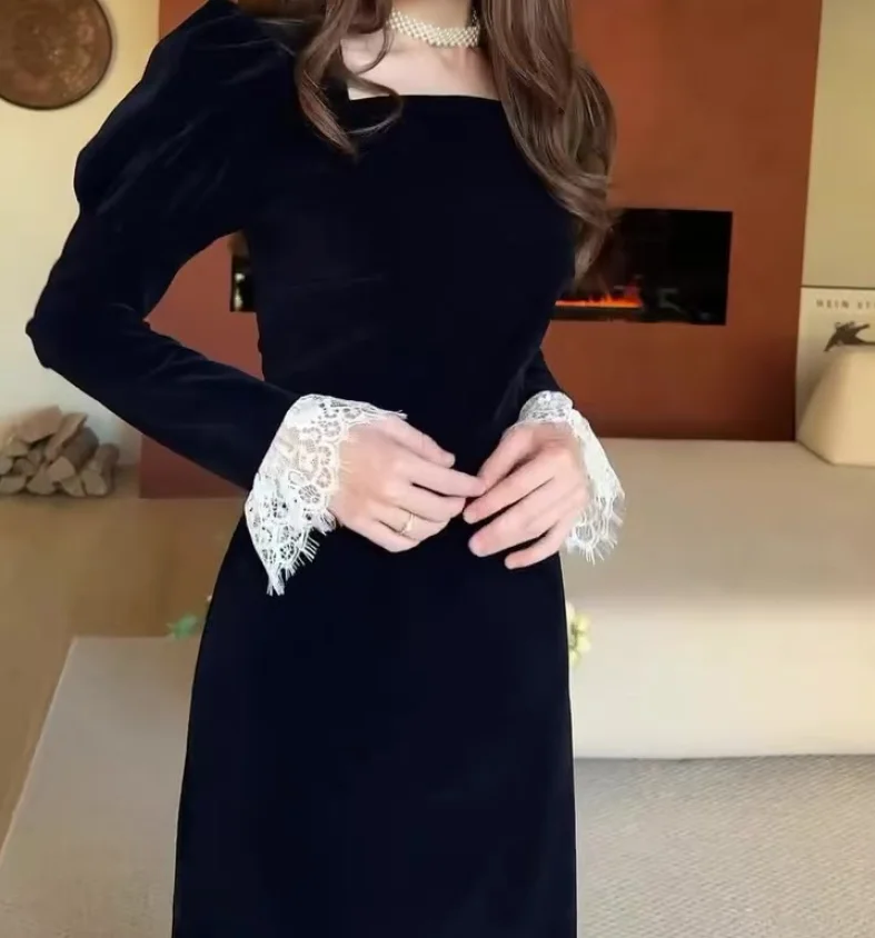 Women Dress 2026 Spring Autumn New Square Collar Long Sleeve Velvet Patchwork Lace Cinched Waist Elegant Temperament Long Dress