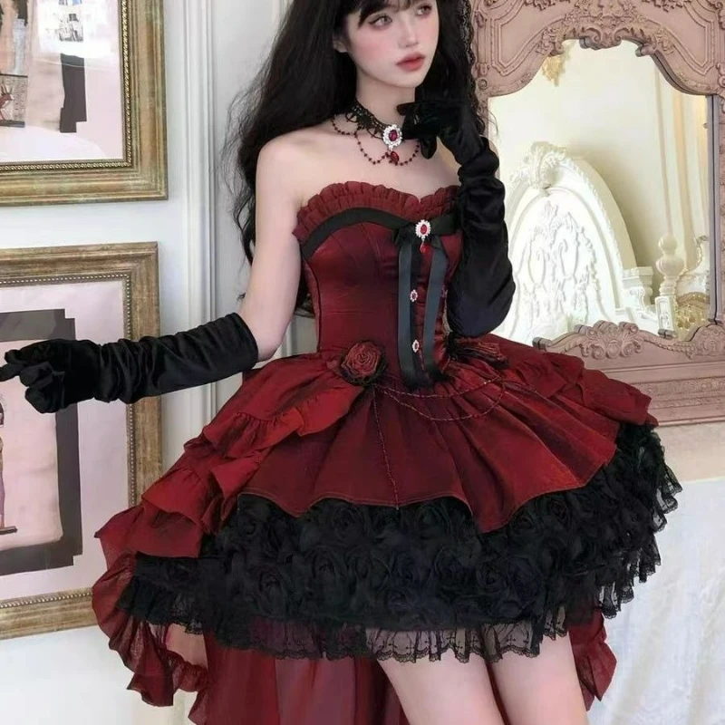 Victorian Sweet Elegant Lolita Dress Women Vintage Gothic Bow Ruffles Rose Trailing Princess Dress Y2k Cute Evening Party Dress