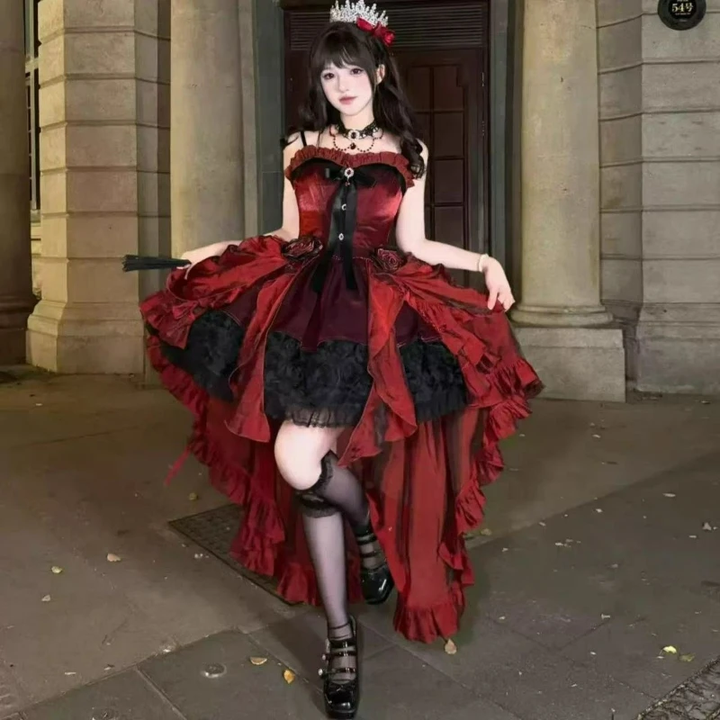 Victorian Sweet Elegant Lolita Dress Women Vintage Gothic Bow Ruffles Rose Trailing Princess Dress Y2k Cute Evening Party Dress