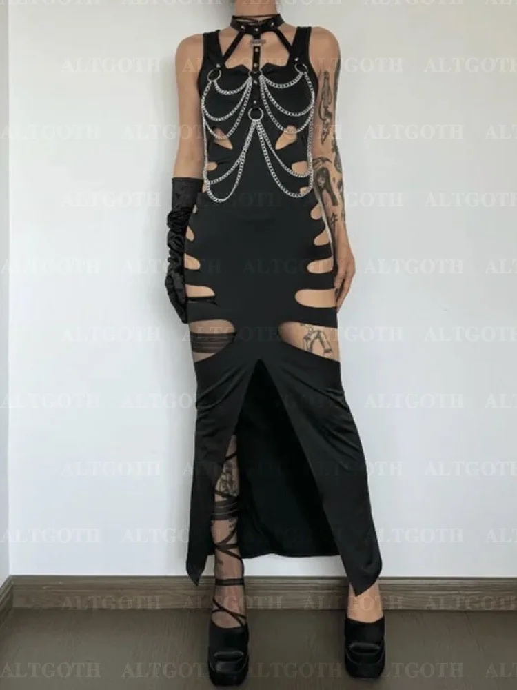 AltGoth Harajuku Gothic Dark Dress Women Streetwear Cyber Punk Y2k E-girl Grunge Sexy Hollow Out High Waist Bodycon Dress Female