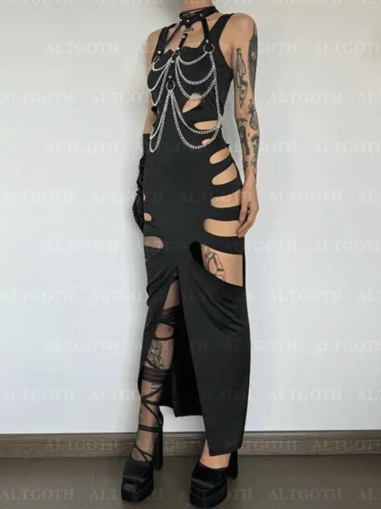 AltGoth Harajuku Gothic Dark Dress Women Streetwear Cyber Punk Y2k E-girl Grunge Sexy Hollow Out High Waist Bodycon Dress Female