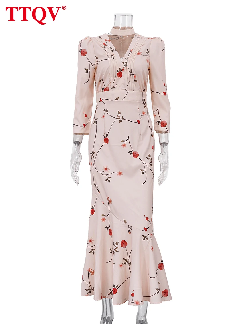 TTQV Sexy Loose Print Women's Dress 2026 Summer V-Neck Long Sleeve Ankle Length Dresses Elegant Classic High Waist Female Dress