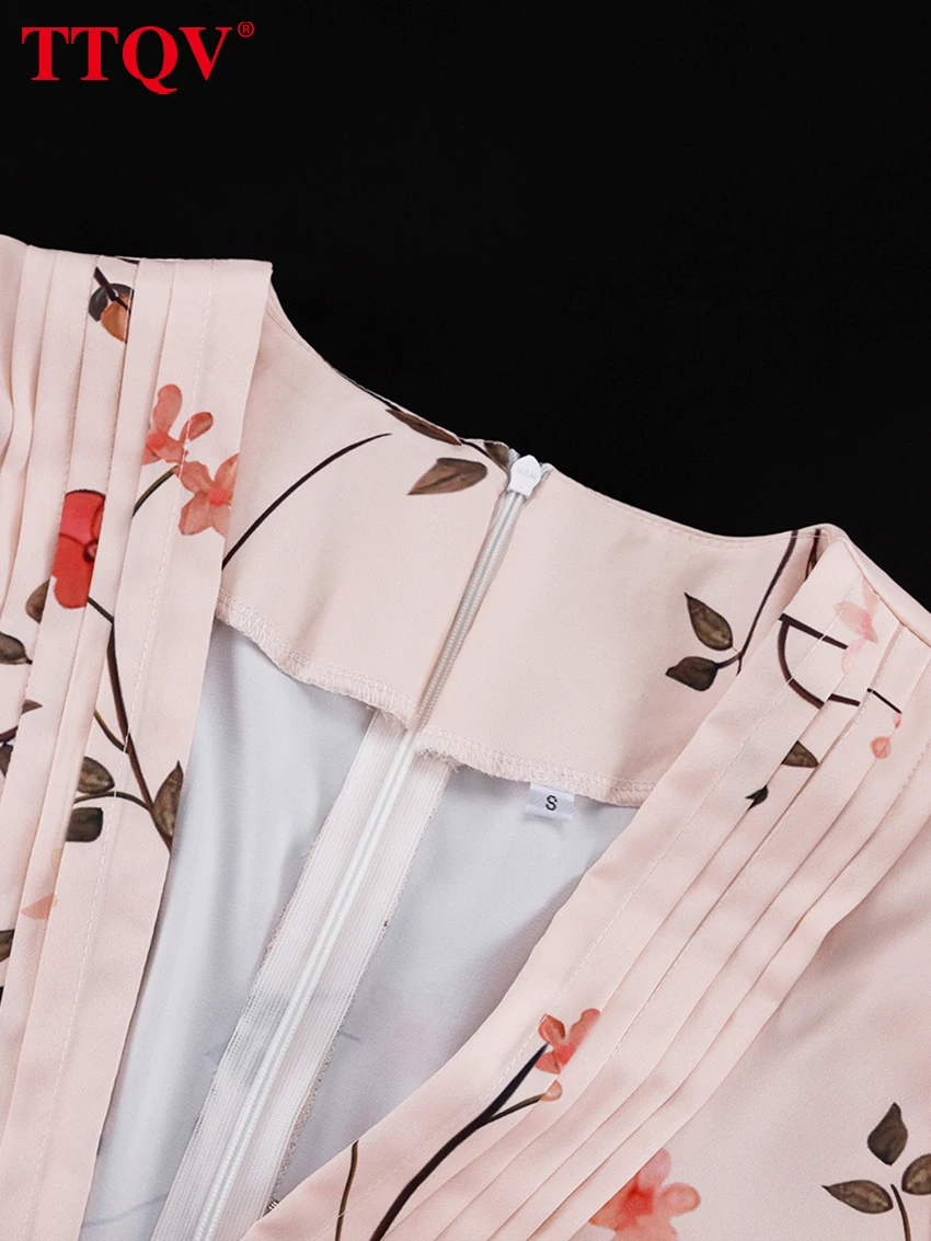 TTQV Sexy Loose Print Women's Dress 2026 Summer V-Neck Long Sleeve Ankle Length Dresses Elegant Classic High Waist Female Dress