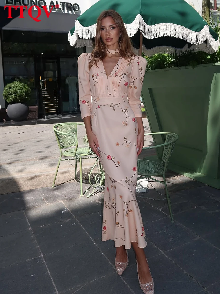 TTQV Sexy Loose Print Women's Dress 2026 Summer V-Neck Long Sleeve Ankle Length Dresses Elegant Classic High Waist Female Dress