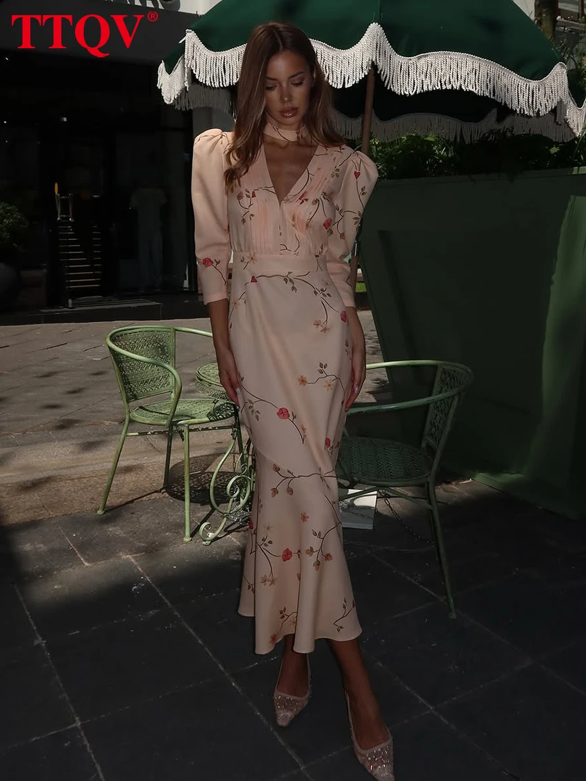 TTQV Sexy Loose Print Women's Dress 2026 Summer V-Neck Long Sleeve Ankle Length Dresses Elegant Classic High Waist Female Dress