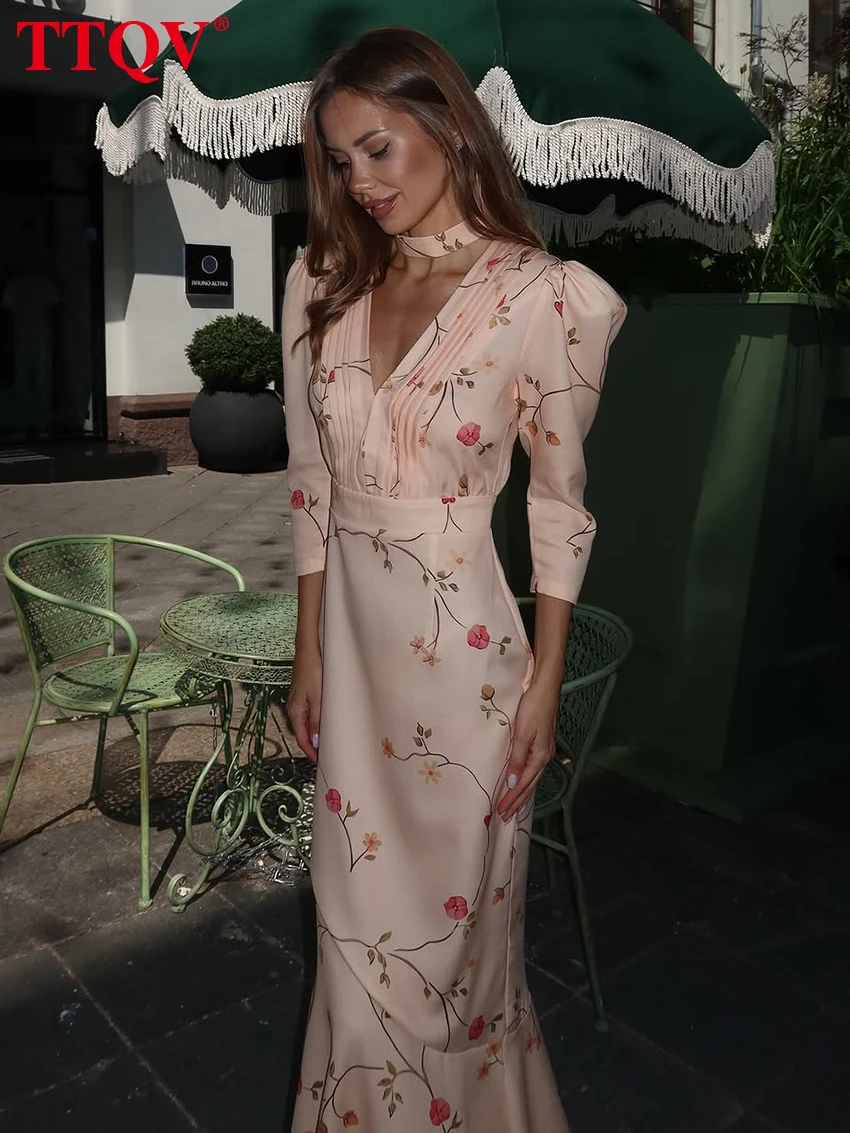 TTQV Sexy Loose Print Women's Dress 2026 Summer V-Neck Long Sleeve Ankle Length Dresses Elegant Classic High Waist Female Dress