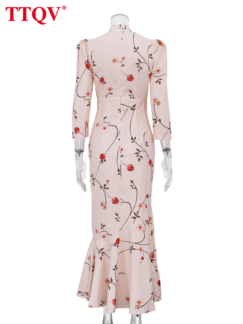 TTQV Sexy Loose Print Women's Dress 2026 Summer V-Neck Long Sleeve Ankle Length Dresses Elegant Classic High Waist Female Dress