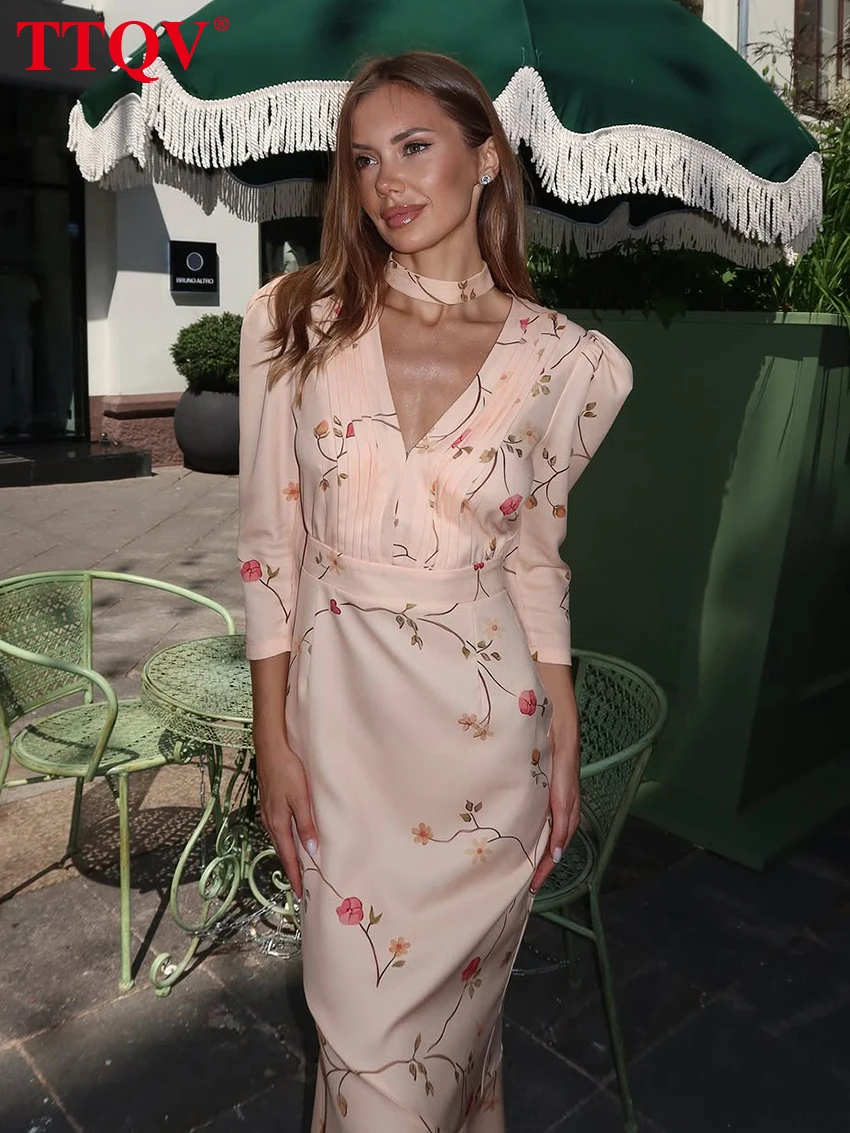 TTQV Sexy Loose Print Women's Dress 2026 Summer V-Neck Long Sleeve Ankle Length Dresses Elegant Classic High Waist Female Dress