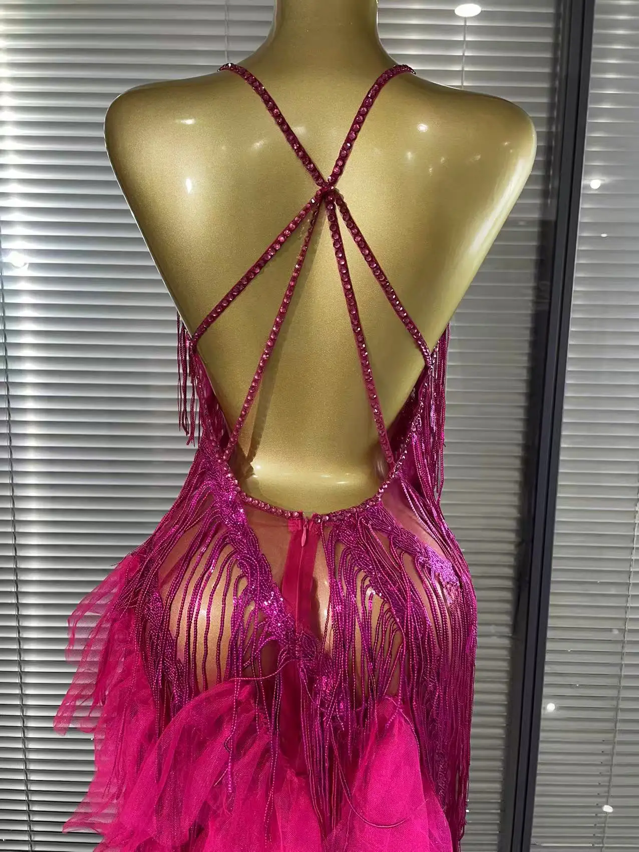Sparkly Rhinestones Tassel Sheer Dress for Women Sexy V Neck Birthday Celebrate Event Outfit Singer Show Wear Photo Shoot Dress