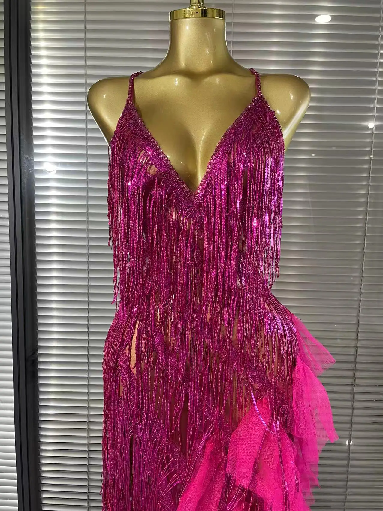 Sparkly Rhinestones Tassel Sheer Dress for Women Sexy V Neck Birthday Celebrate Event Outfit Singer Show Wear Photo Shoot Dress