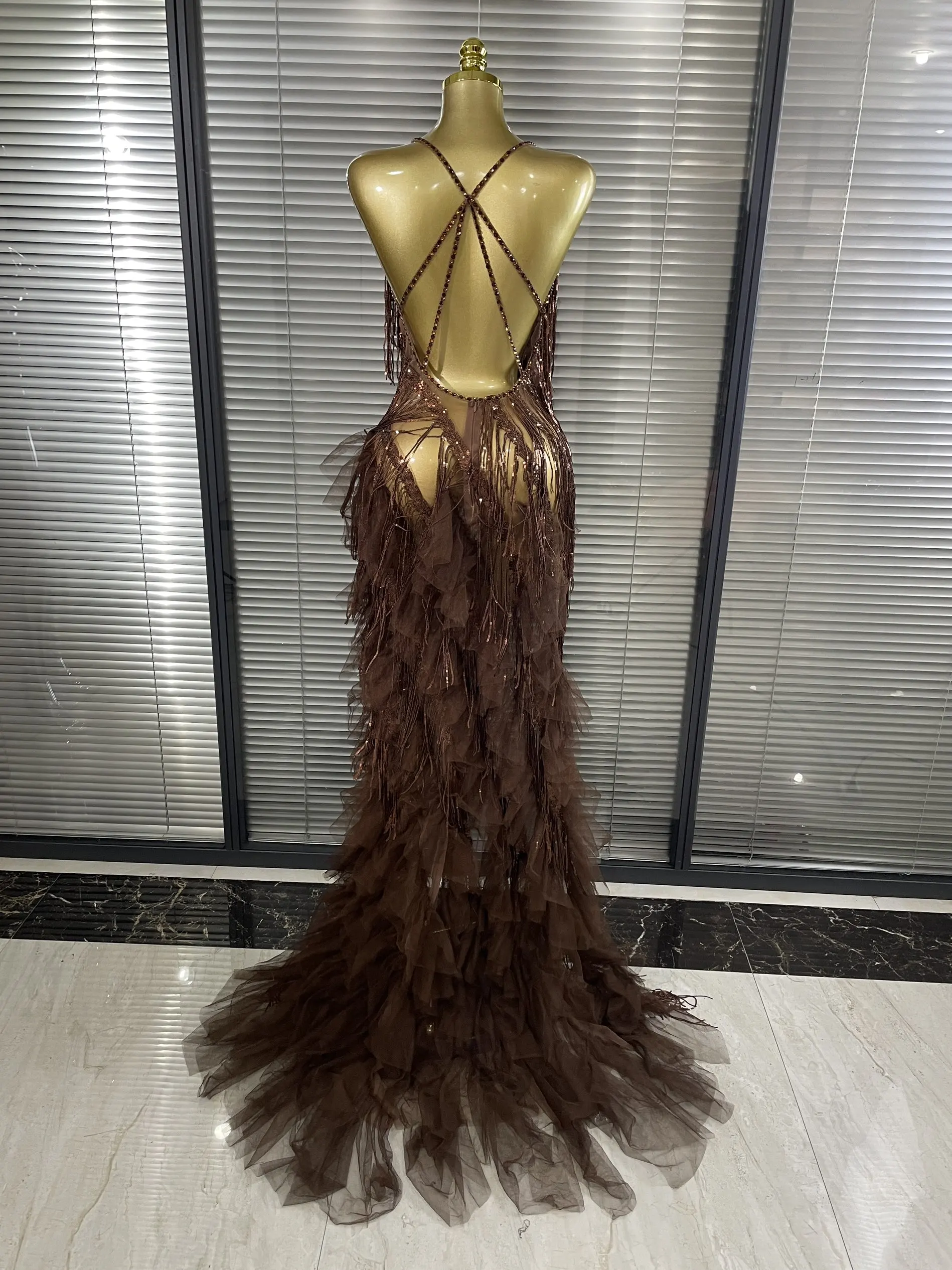Sparkly Rhinestones Tassel Sheer Dress for Women Sexy V Neck Birthday Celebrate Event Outfit Singer Show Wear Photo Shoot Dress