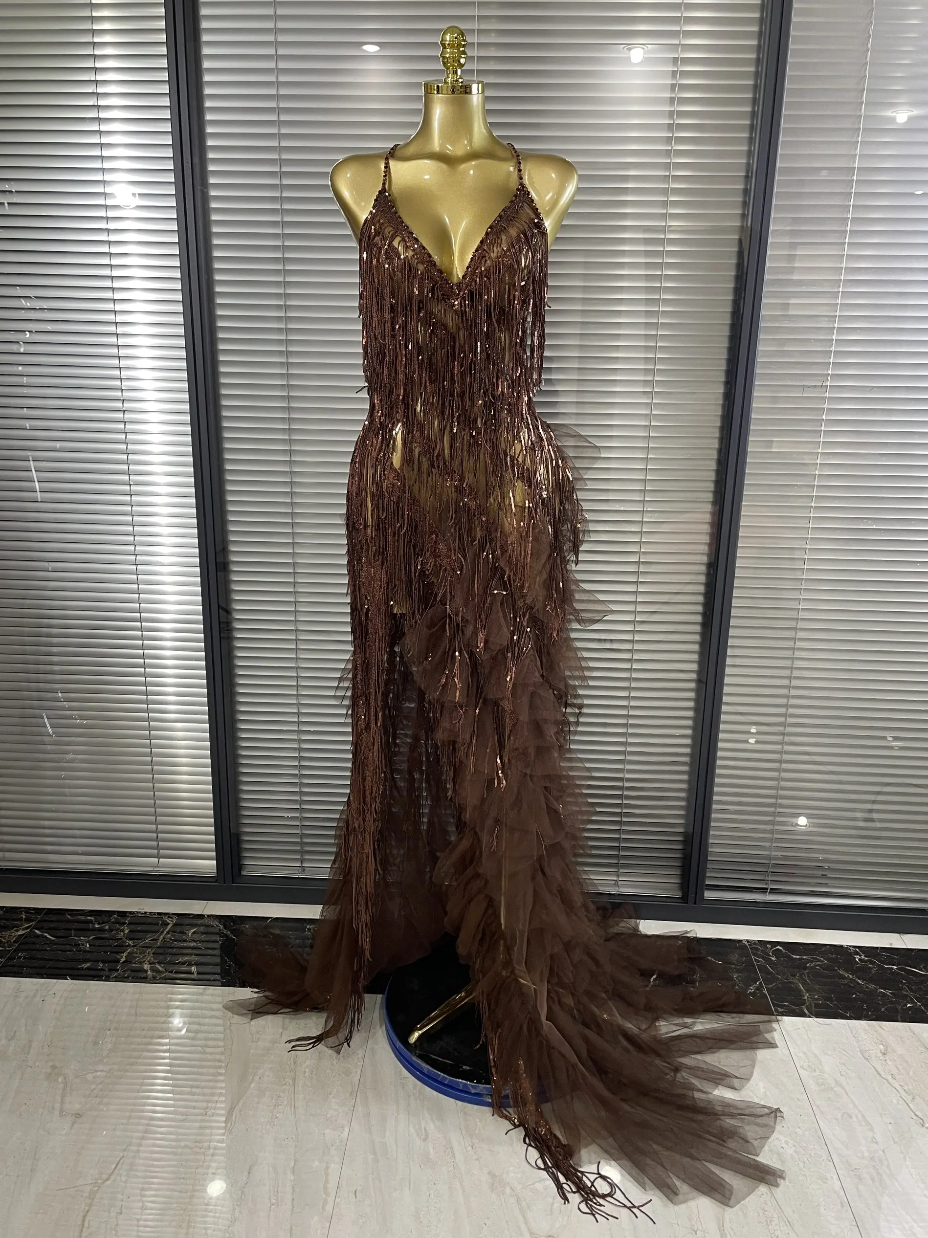Sparkly Rhinestones Tassel Sheer Dress for Women Sexy V Neck Birthday Celebrate Event Outfit Singer Show Wear Photo Shoot Dress
