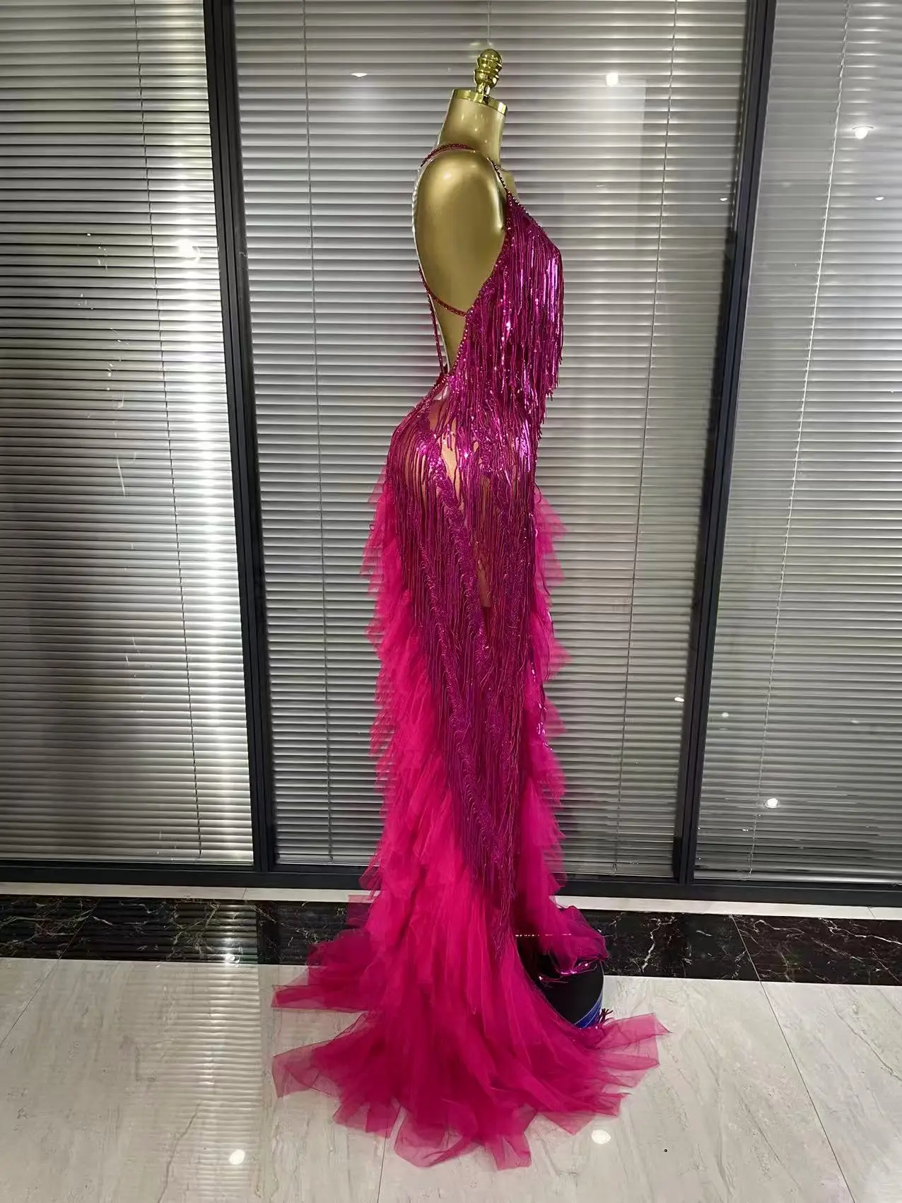 Sparkly Rhinestones Tassel Sheer Dress for Women Sexy V Neck Birthday Celebrate Event Outfit Singer Show Wear Photo Shoot Dress