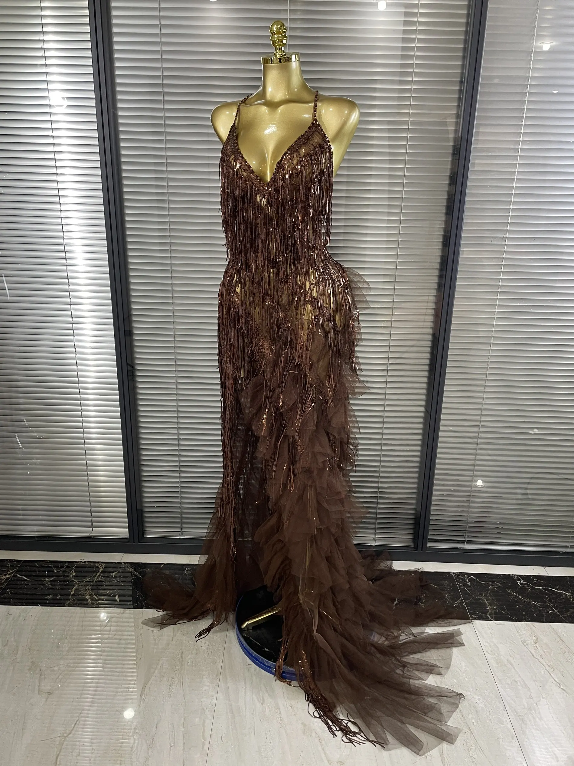 Sparkly Rhinestones Tassel Sheer Dress for Women Sexy V Neck Birthday Celebrate Event Outfit Singer Show Wear Photo Shoot Dress