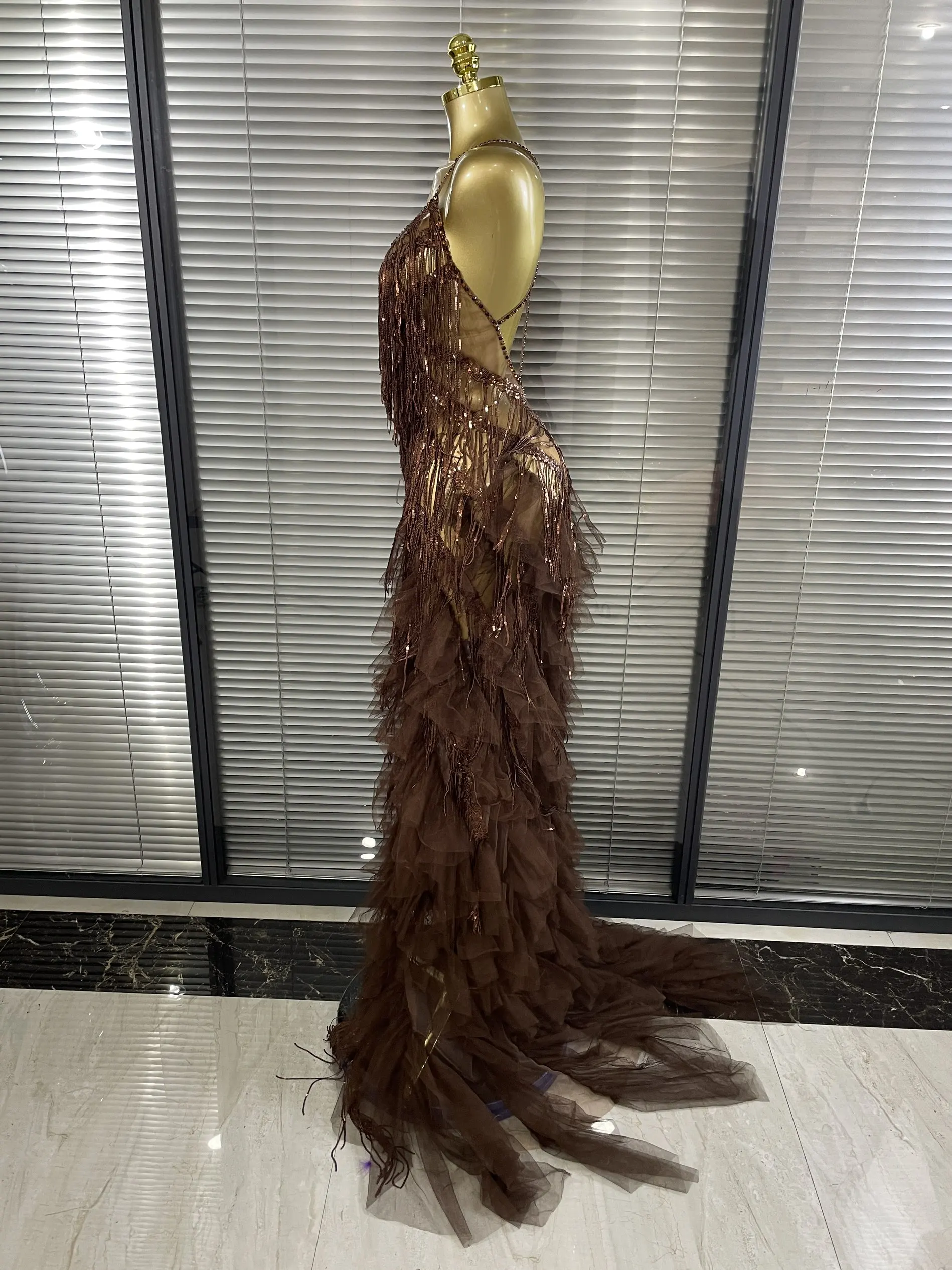 Sparkly Rhinestones Tassel Sheer Dress for Women Sexy V Neck Birthday Celebrate Event Outfit Singer Show Wear Photo Shoot Dress