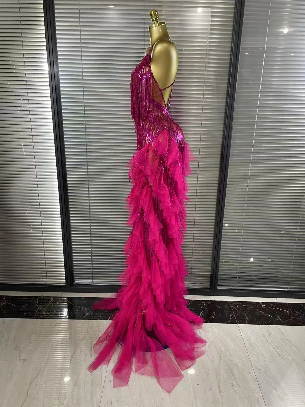 Sparkly Rhinestones Tassel Sheer Dress for Women Sexy V Neck Birthday Celebrate Event Outfit Singer Show Wear Photo Shoot Dress