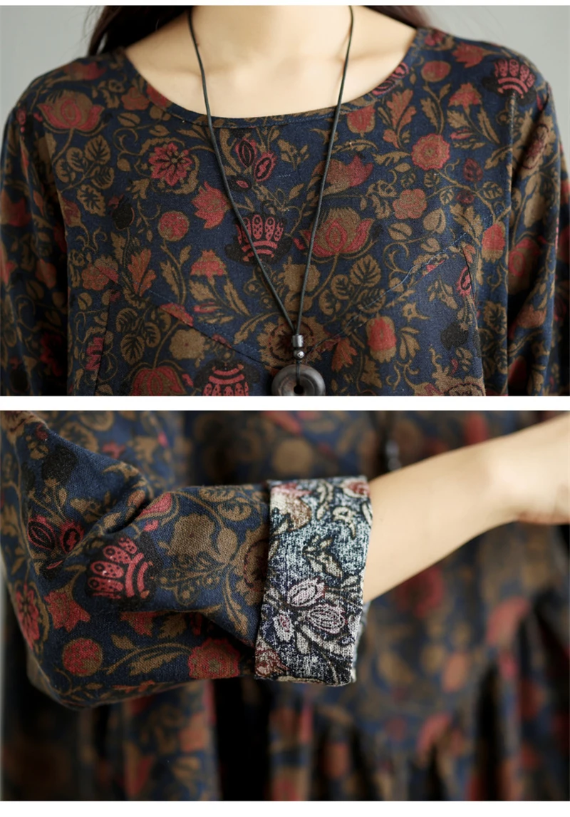 Cotton Vintage Print Floral Dresses 2026 Women Casual Loose Long Sleeve Dress Femme Robe Vestidos Elegant Spring Autumn Clothing