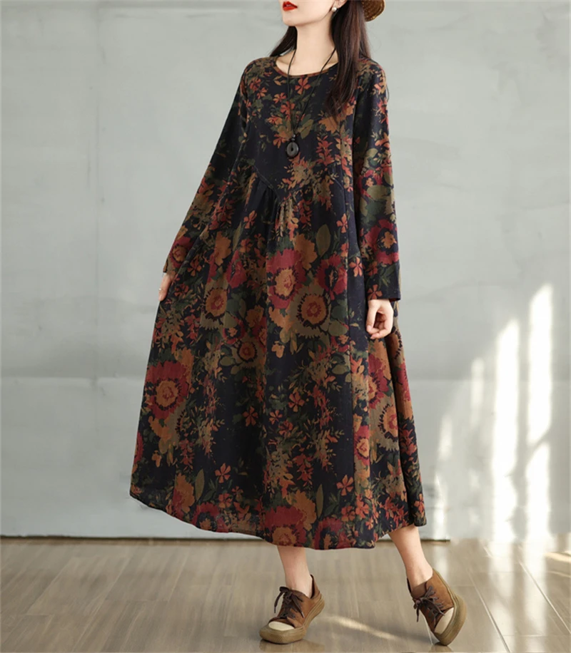 Cotton Vintage Print Floral Dresses 2026 Women Casual Loose Long Sleeve Dress Femme Robe Vestidos Elegant Spring Autumn Clothing