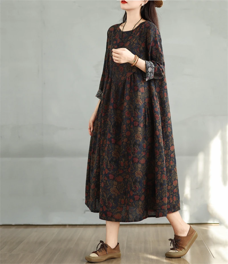 Cotton Vintage Print Floral Dresses 2026 Women Casual Loose Long Sleeve Dress Femme Robe Vestidos Elegant Spring Autumn Clothing