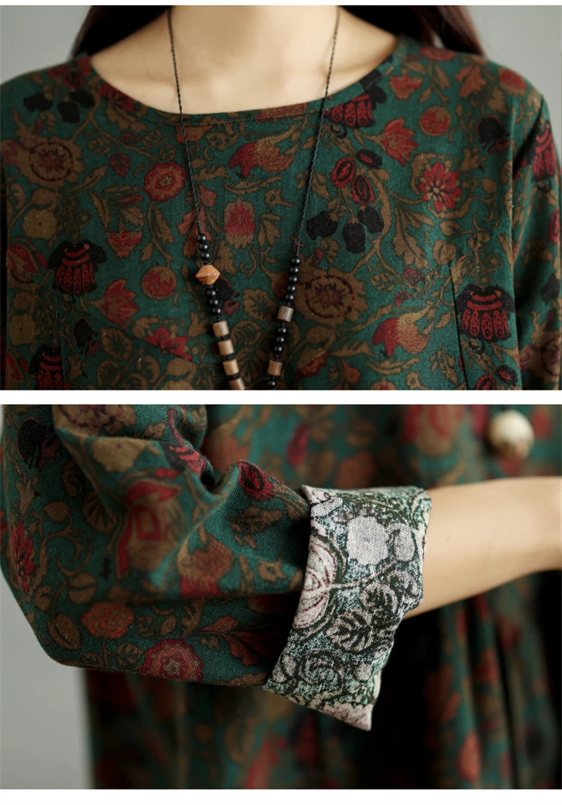 Cotton Vintage Print Floral Dresses 2026 Women Casual Loose Long Sleeve Dress Femme Robe Vestidos Elegant Spring Autumn Clothing