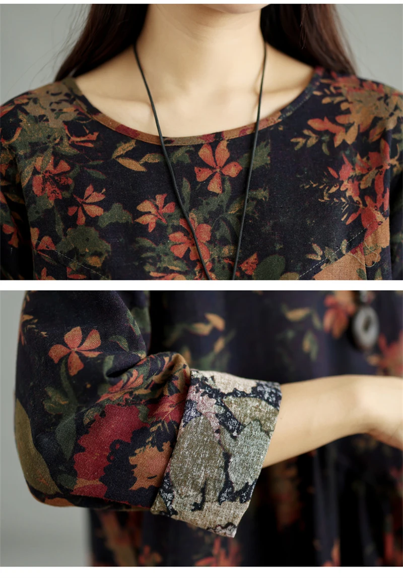 Cotton Vintage Print Floral Dresses 2026 Women Casual Loose Long Sleeve Dress Femme Robe Vestidos Elegant Spring Autumn Clothing
