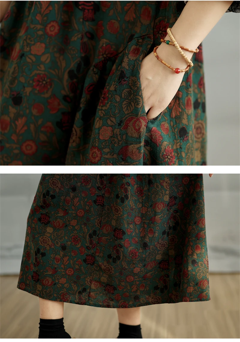 Cotton Vintage Print Floral Dresses 2026 Women Casual Loose Long Sleeve Dress Femme Robe Vestidos Elegant Spring Autumn Clothing
