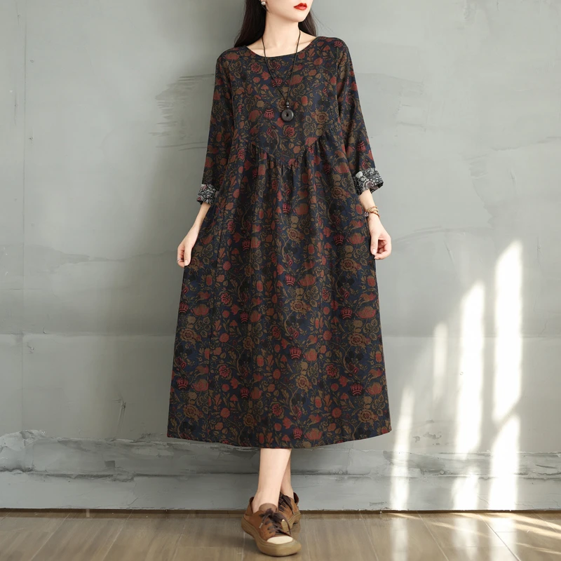 Cotton Vintage Print Floral Dresses 2026 Women Casual Loose Long Sleeve Dress Femme Robe Vestidos Elegant Spring Autumn Clothing