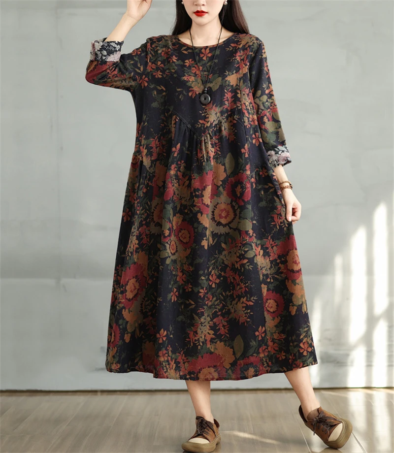 Cotton Vintage Print Floral Dresses 2026 Women Casual Loose Long Sleeve Dress Femme Robe Vestidos Elegant Spring Autumn Clothing