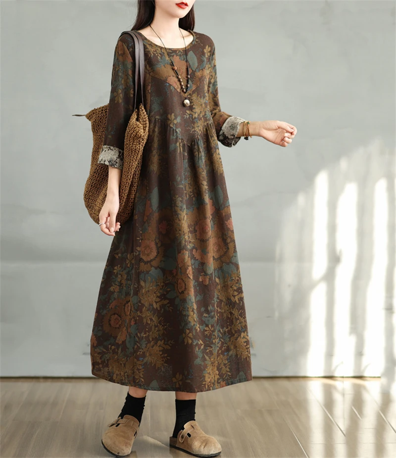 Cotton Vintage Print Floral Dresses 2026 Women Casual Loose Long Sleeve Dress Femme Robe Vestidos Elegant Spring Autumn Clothing