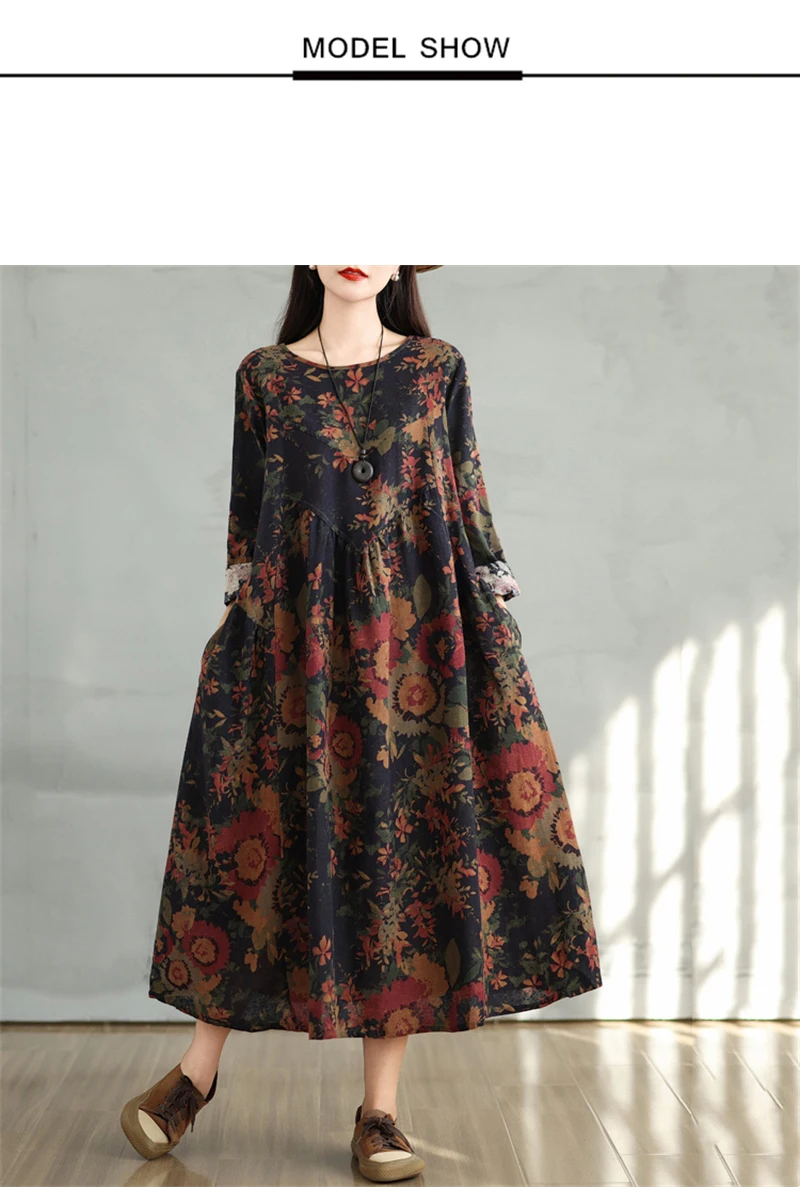 Cotton Vintage Print Floral Dresses 2026 Women Casual Loose Long Sleeve Dress Femme Robe Vestidos Elegant Spring Autumn Clothing