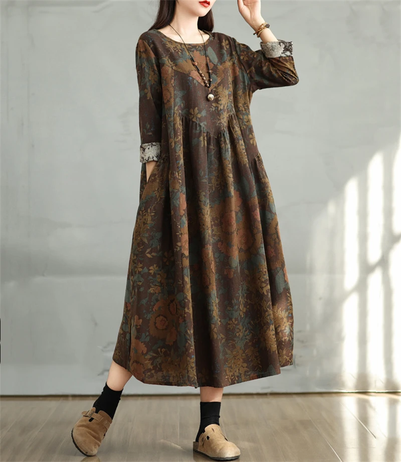 Cotton Vintage Print Floral Dresses 2026 Women Casual Loose Long Sleeve Dress Femme Robe Vestidos Elegant Spring Autumn Clothing