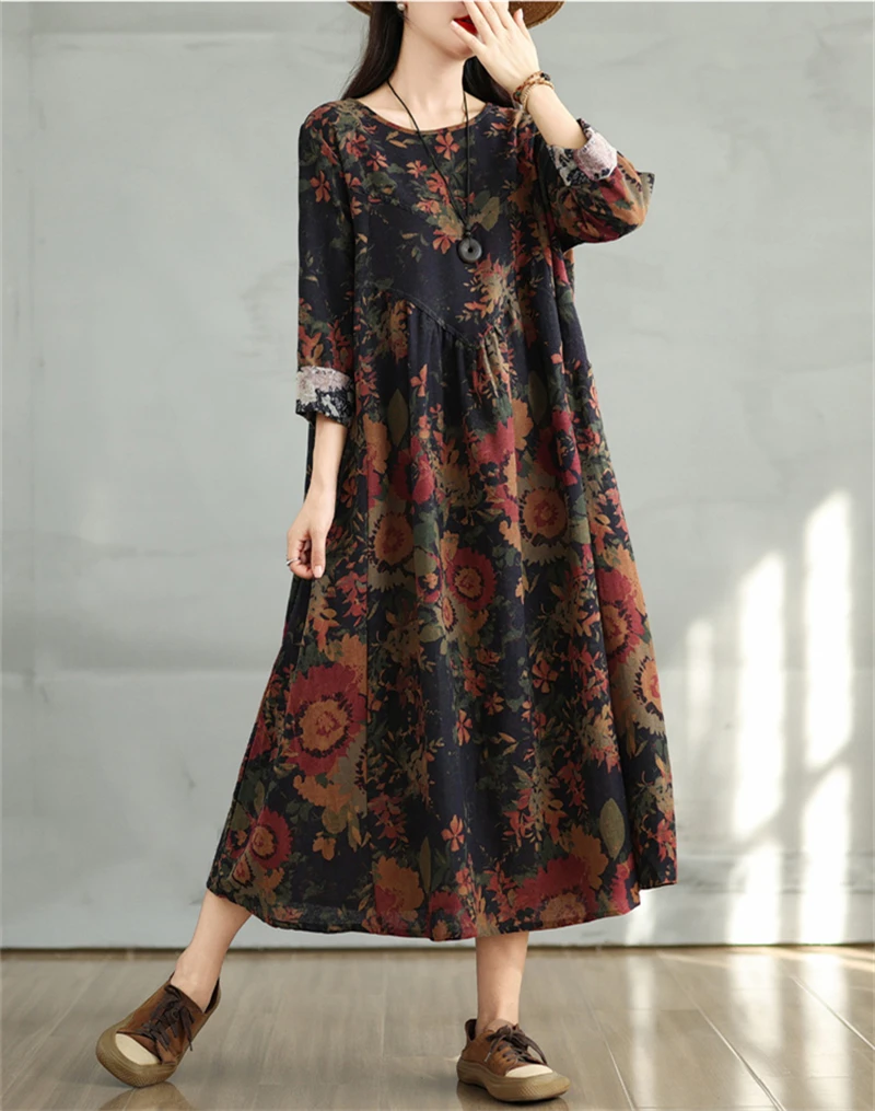 Cotton Vintage Print Floral Dresses 2026 Women Casual Loose Long Sleeve Dress Femme Robe Vestidos Elegant Spring Autumn Clothing