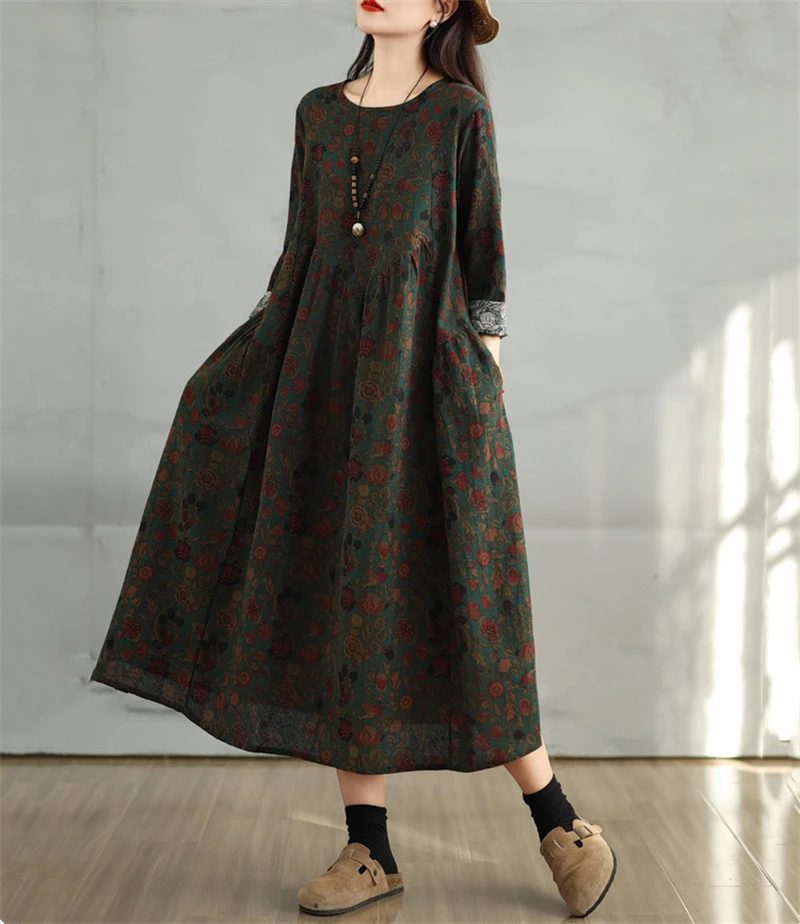 Cotton Vintage Print Floral Dresses 2026 Women Casual Loose Long Sleeve Dress Femme Robe Vestidos Elegant Spring Autumn Clothing