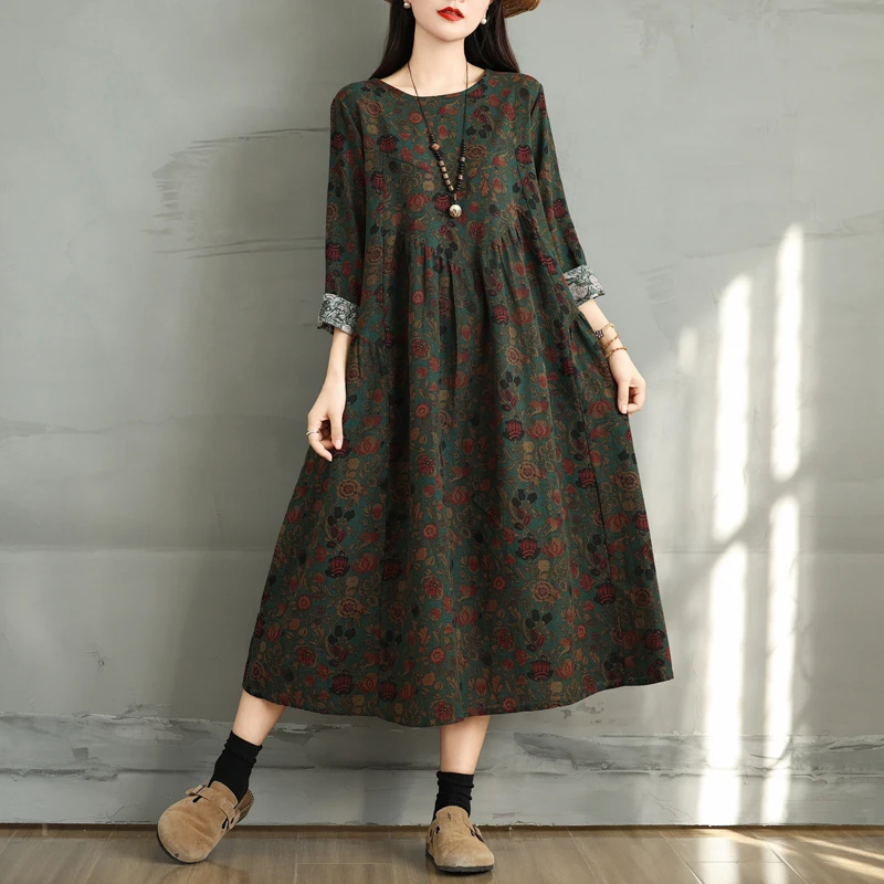 Cotton Vintage Print Floral Dresses 2026 Women Casual Loose Long Sleeve Dress Femme Robe Vestidos Elegant Spring Autumn Clothing