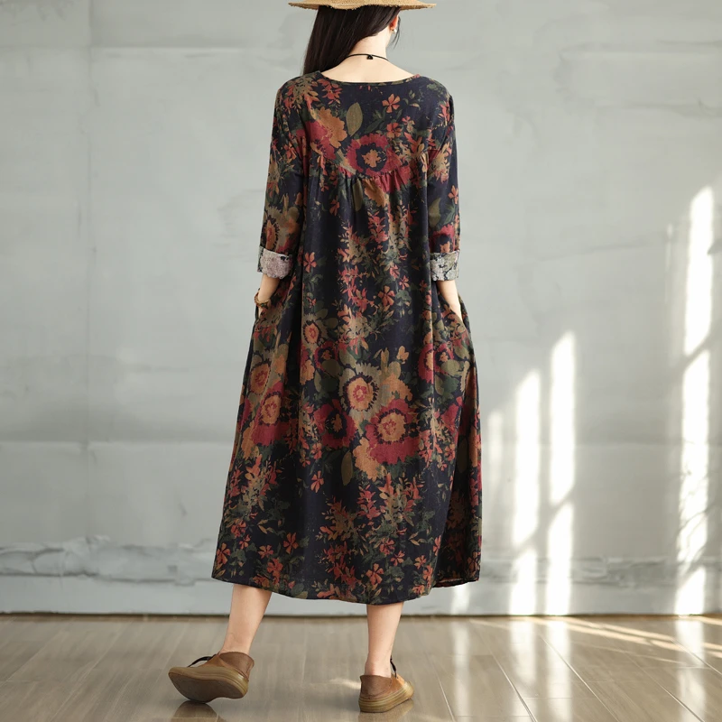 Cotton Vintage Print Floral Dresses 2026 Women Casual Loose Long Sleeve Dress Femme Robe Vestidos Elegant Spring Autumn Clothing