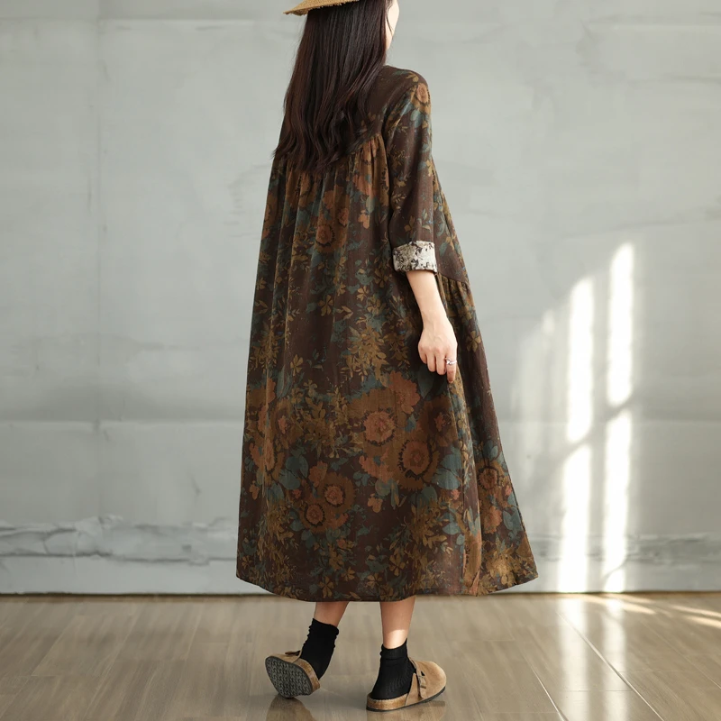 Cotton Vintage Print Floral Dresses 2026 Women Casual Loose Long Sleeve Dress Femme Robe Vestidos Elegant Spring Autumn Clothing