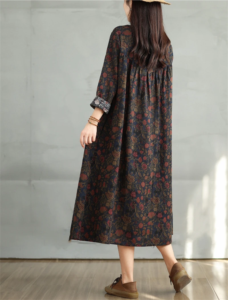 Cotton Vintage Print Floral Dresses 2026 Women Casual Loose Long Sleeve Dress Femme Robe Vestidos Elegant Spring Autumn Clothing