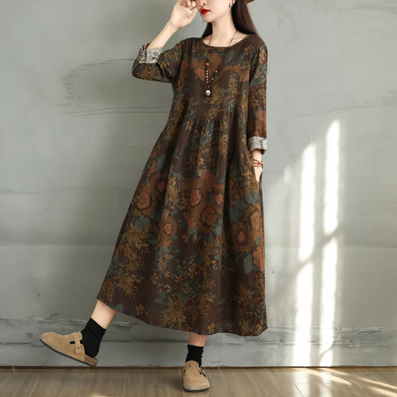 Cotton Vintage Print Floral Dresses 2026 Women Casual Loose Long Sleeve Dress Femme Robe Vestidos Elegant Spring Autumn Clothing