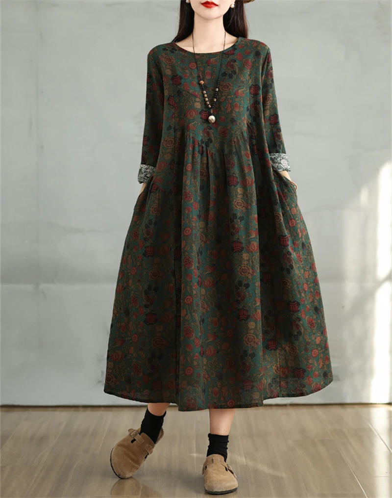 Cotton Vintage Print Floral Dresses 2026 Women Casual Loose Long Sleeve Dress Femme Robe Vestidos Elegant Spring Autumn Clothing